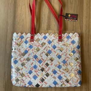Nahui Ollin Arm Candy Smarties Candy Wrapper Woven Tote Bag with Red Handles NWT
